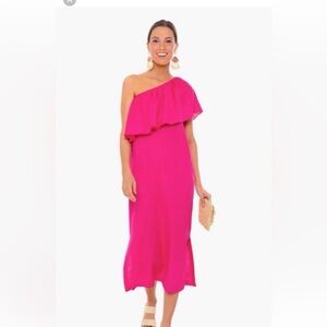 Tuckernuck Pomander Place One-Shoulder Ruffle Midi Dress in Hot Pink. SO cute!!!
